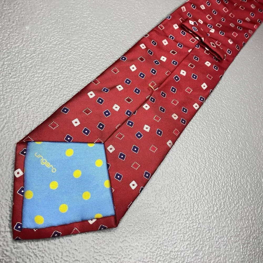 Emanuel Ungaro Silk Tie Vintage Geometric Diamond Square Italy Mens Red Blue